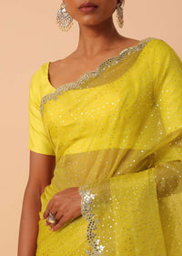 Yellow Organza Saree With Polka Dot Foil Printed Saree With Unstitched Blouse Piece