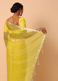 Yellow Organza Saree With Polka Dot Foil Printed Saree With Unstitched Blouse Piece