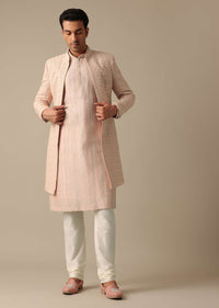 Pink Dupion Silk Embroidered Sherwani Set