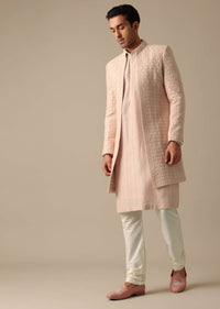 Pink Dupion Silk Embroidered Sherwani Set