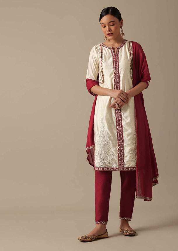 White Chanderi Silk Kurta Set With Colorblock Detail