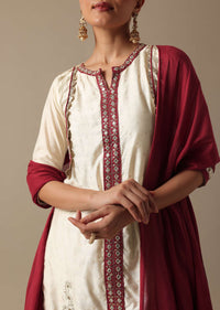 White Chanderi Silk Kurta Set With Colorblock Detail