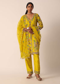 Yellow Silk Kurta Set With Shell Hangings And Mirror Work