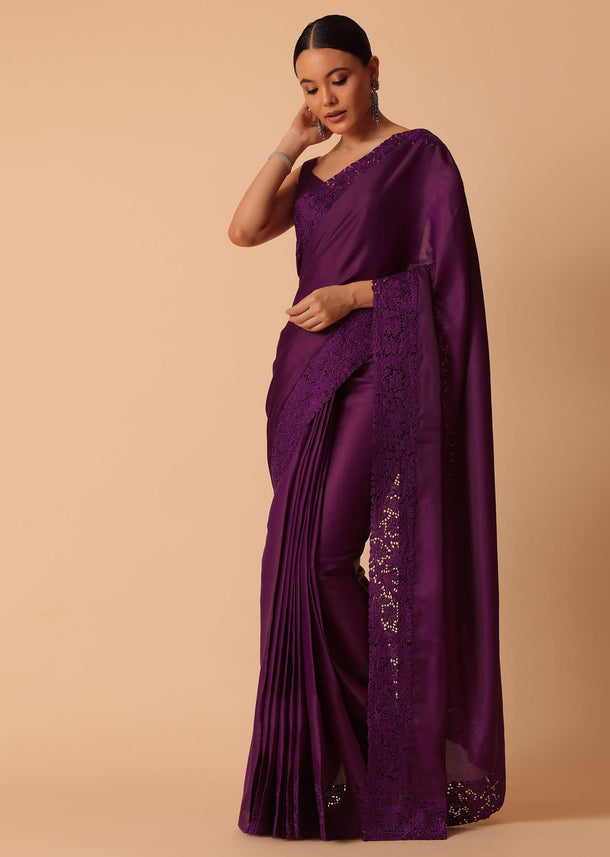 Wine Organza Saree With Lace Border And Unstitched Blouse Piece