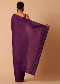 Wine Organza Saree With Lace Border And Unstitched Blouse Piece