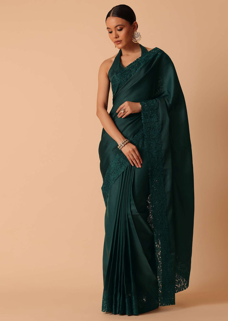 Green Saree In Organza With Lace Border And Unstitched Blouse Piece