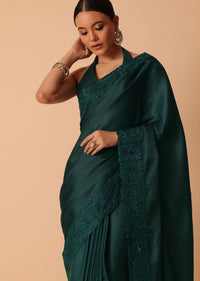 Green Saree In Organza With Lace Border And Unstitched Blouse Piece