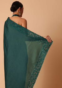 Green Saree In Organza With Lace Border And Unstitched Blouse Piece