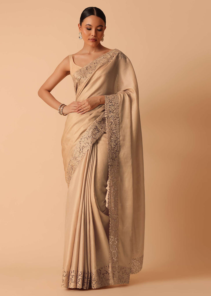 Beige Saree In Organza With Lace Trims And Unstitched Blouse Piece