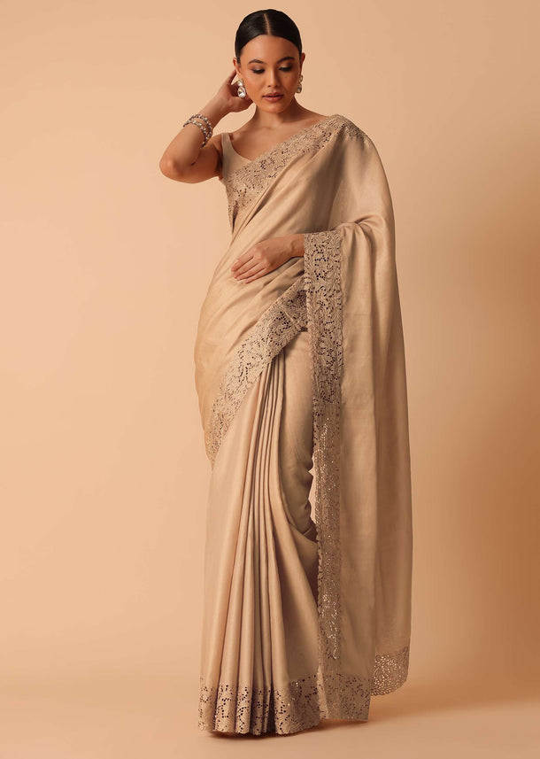 Beige Saree In Organza With Lace Trims And Unstitched Blouse Piece
