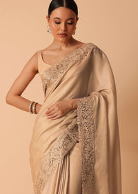 Beige Saree In Organza With Lace Trims And Unstitched Blouse Piece