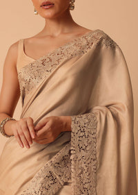 Beige Saree In Organza With Lace Trims And Unstitched Blouse Piece