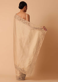 Beige Saree In Organza With Lace Trims And Unstitched Blouse Piece