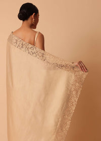 Beige Saree In Organza With Lace Trims And Unstitched Blouse Piece