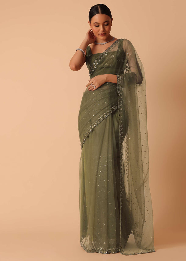 Green Net Saree With Sequin Work And Unstitched Blouse Piece