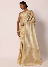 Beige Kora Silk Tissue Saree With Gota Patti Embroidery And Unstitched Blouse Piece