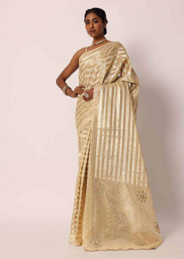 Beige Kora Silk Tissue Saree With Gota Patti Embroidery And Unstitched Blouse Piece