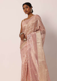 Pink Dola Silk Striped Saree With Embroidered Gota Patti And Unstitched Blouse Fabric