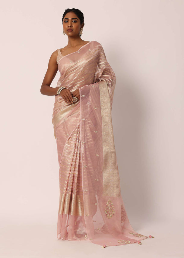 Pink Dola Silk Striped Saree With Embroidered Gota Patti And Unstitched Blouse Fabric