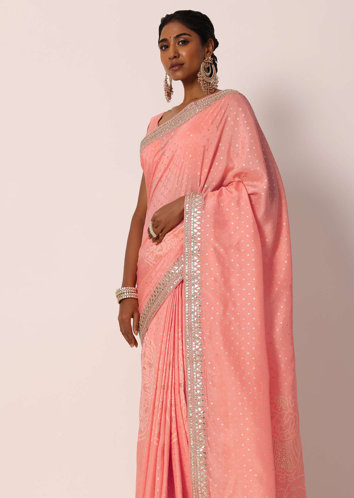 Peach Dola Silk Bandhani Saree With Gota Work And Unstitched Blouse Piece