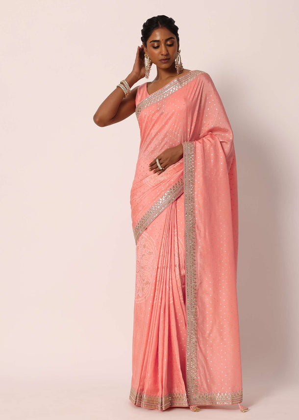Peach Dola Silk Bandhani Saree With Gota Work And Unstitched Blouse Piece