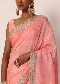 Peach Dola Silk Bandhani Saree With Gota Work And Unstitched Blouse Piece