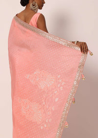 Peach Dola Silk Bandhani Saree With Gota Work And Unstitched Blouse Piece