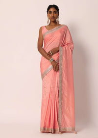 Peach Dola Silk Bandhani Saree With Gota Work And Unstitched Blouse Piece