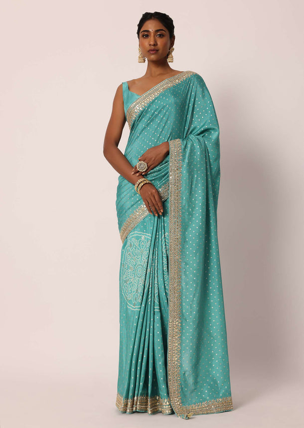 Blue Dola Silk Saree With Gota Patti Embroidery And Unstitched Blouse Piece