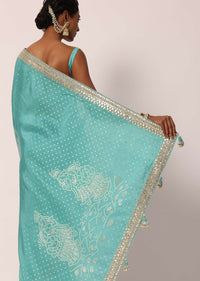 Blue Dola Silk Saree With Gota Patti Embroidery And Unstitched Blouse Piece