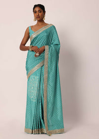 Blue Dola Silk Saree With Gota Patti Embroidery And Unstitched Blouse Piece