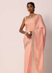 Peach Dola Silk Saree With Gota Patti Border And Unstitched Blouse Piece