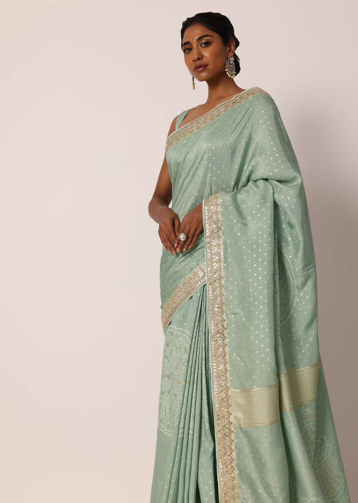 Light Green Dola Silk Bandhani Saree With Unstitched Blouse Piece