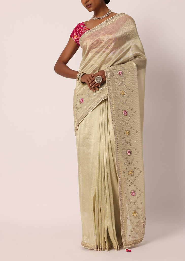 Beige Kora Silk Tissue Saree With Gota Patti Buttis And Unstitched Blouse Piece