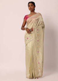 Beige Kora Silk Tissue Saree With Gota Patti Buttis And Unstitched Blouse Piece