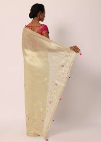 Beige Kora Silk Tissue Saree With Gota Patti Buttis And Unstitched Blouse Piece