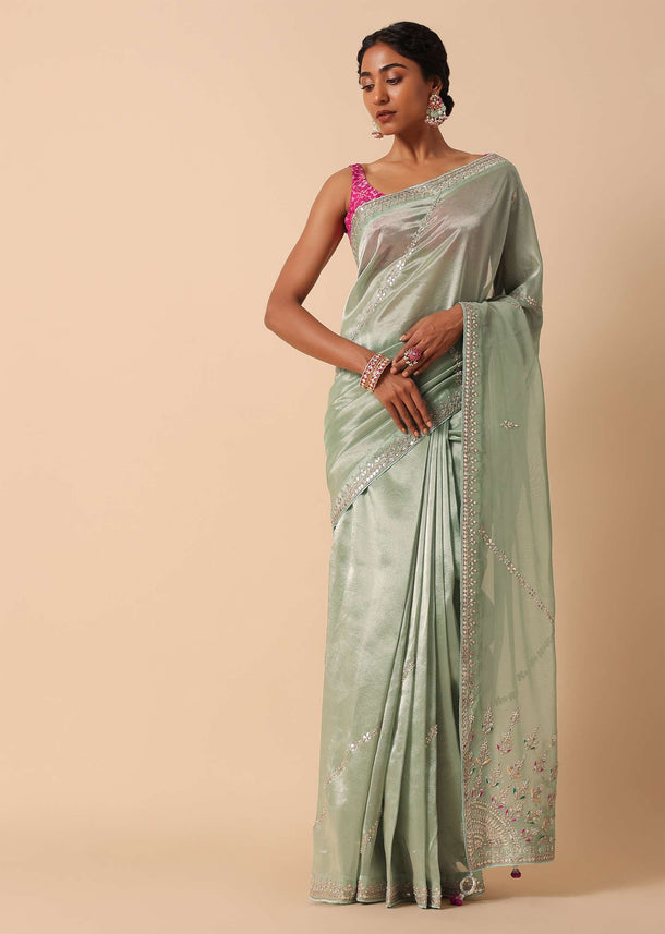 Green Silk Embroidered Saree Set With Unstitched Blouse Piece