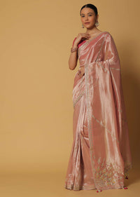 Rose Pink Saree In Kora Silk With Gota Work And Contrast Unstitched Blouse Fabric