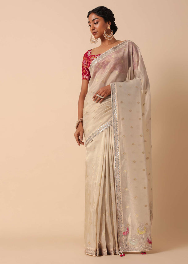 Beige Silk Embroidered Saree Set With Unstitched Blouse Piece