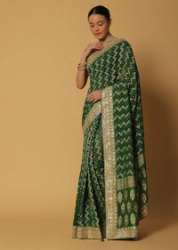 Forest Green Khadi Saree With Bandhani Weave And Unstitched Blouse Fabric