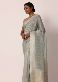 Grey Kora Silk Tissue Saree With Unstitched Blouse Piece