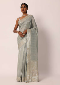 Grey Kora Silk Tissue Saree With Unstitched Blouse Piece