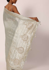 Grey Kora Silk Tissue Saree With Unstitched Blouse Piece