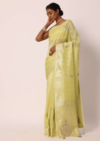 Mehendi Green Kora Silk Tissue Saree With Gota Patti Work And Unstitched Blouse Piece