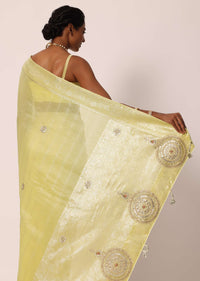Mehendi Green Kora Silk Tissue Saree With Gota Patti Work And Unstitched Blouse Piece