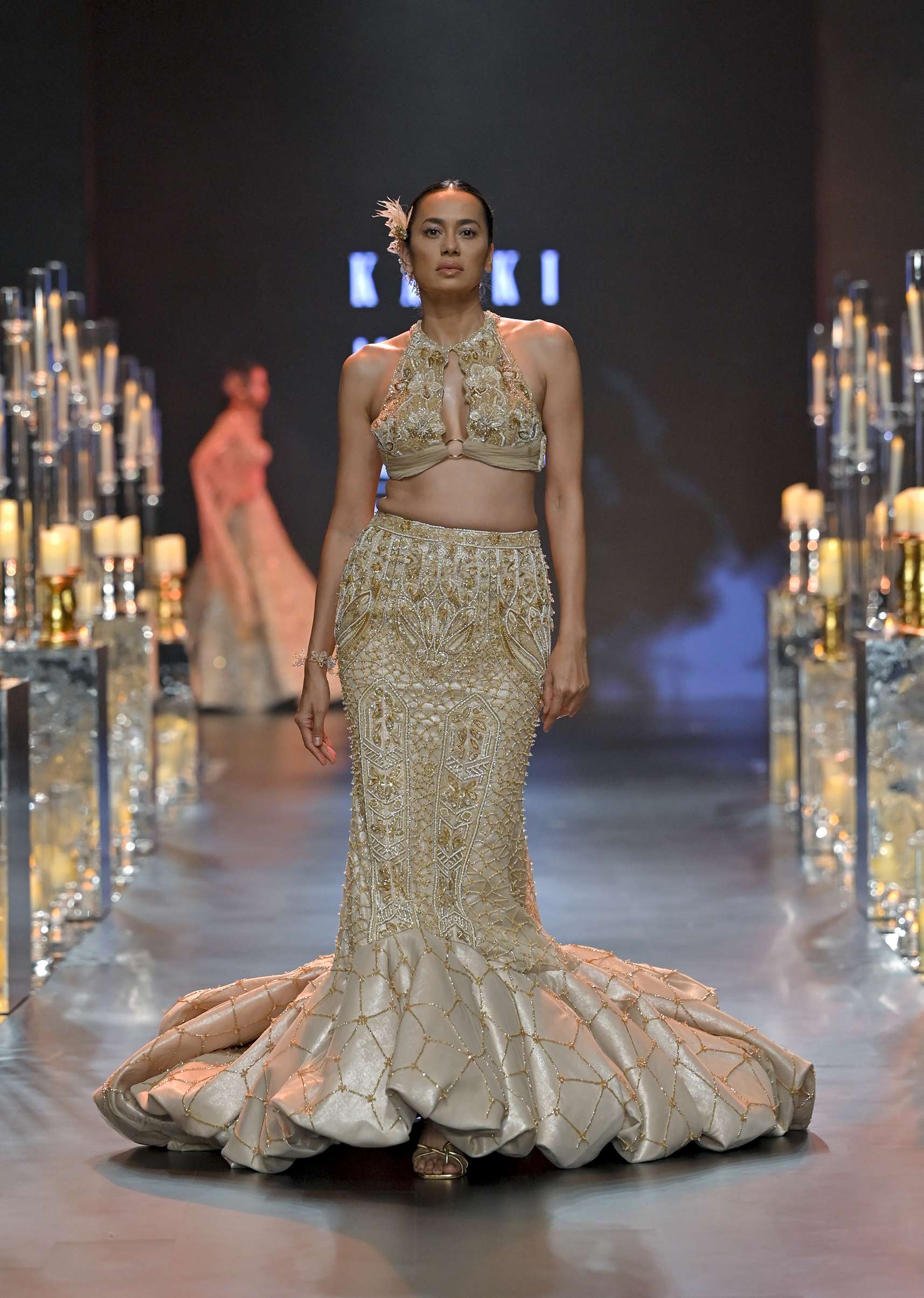 Gold Lehenga Set In Art Silk With Balloon Flare And Heavy Embroidery