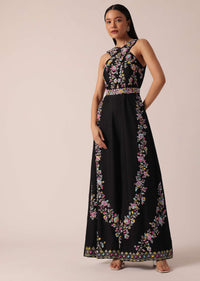 Black Jumpsuit With Floral Motif Embroidery