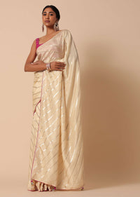 Beige Dola Silk Saree With Lurex Zari Stripes And Contrast Unstitched Blouse Piece