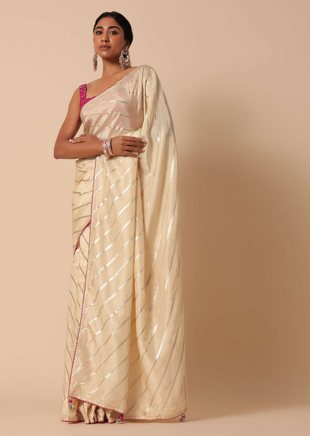 Beige Dola Silk Saree With Lurex Zari Stripes And Contrast Unstitched Blouse Piece