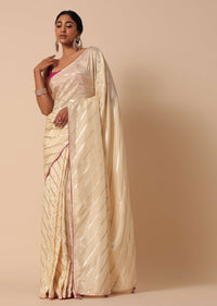 Beige Dola Silk Saree With Lurex Zari Stripes And Contrast Unstitched Blouse Piece